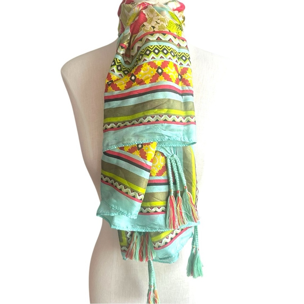 Johnny Was Aqua Multicolor Patterned Silk Scarf with Tassels - Picture 9 of 11
